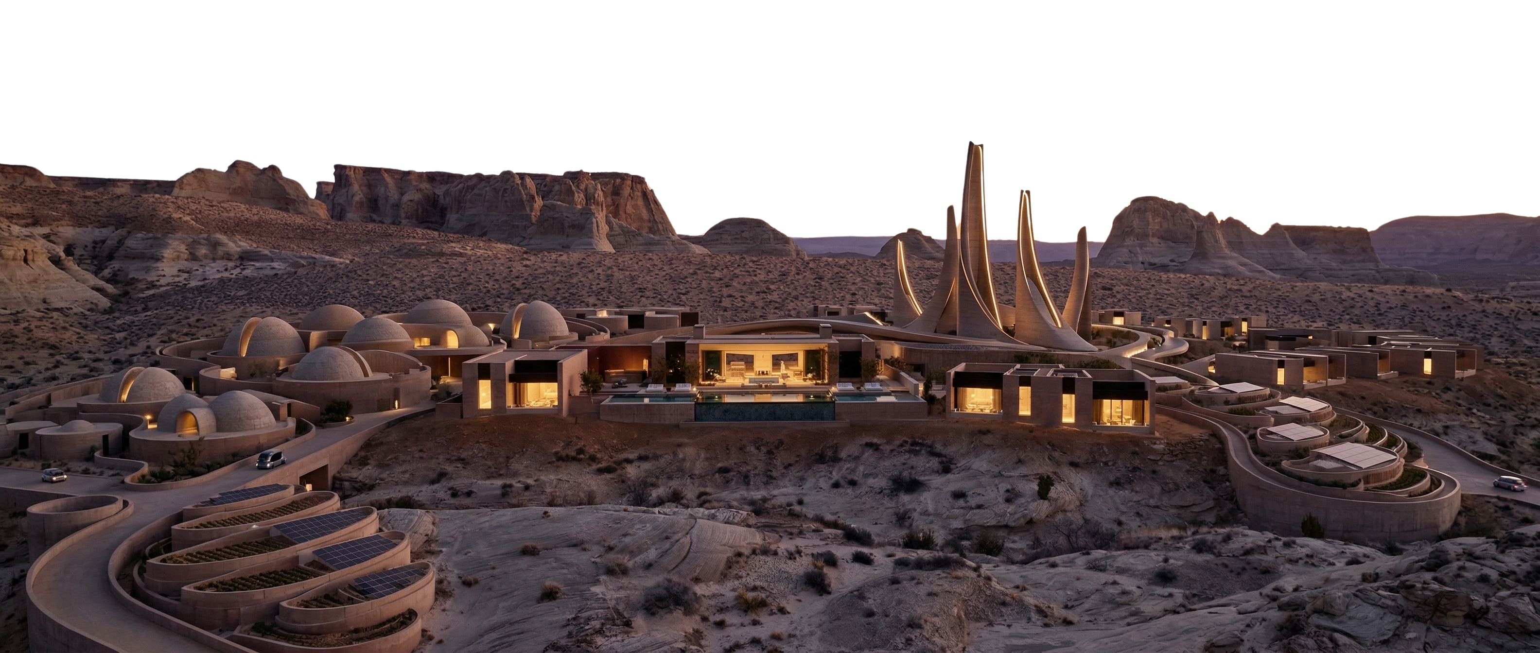 Futuristic desert city at twilight