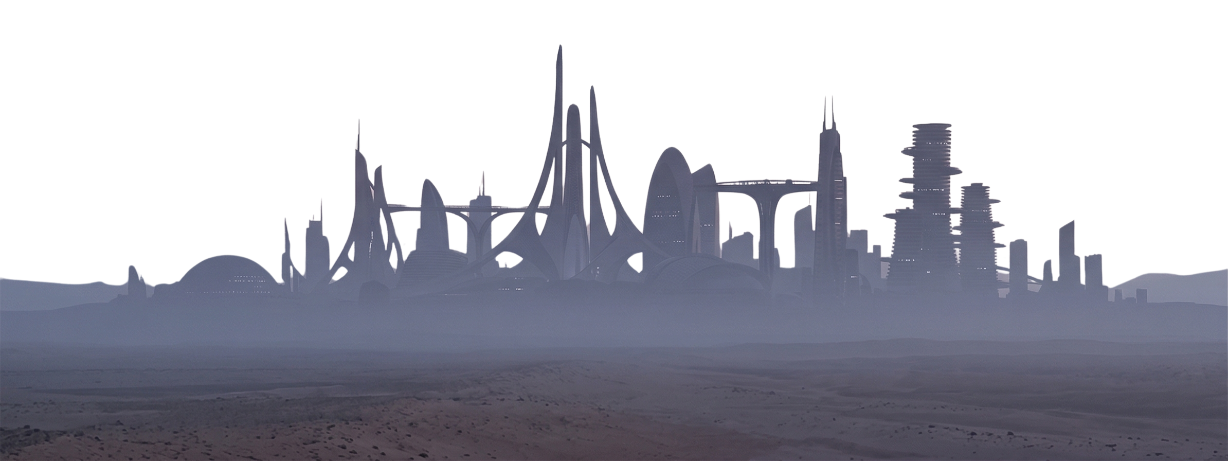 Distant futuristic skyline on the horizon